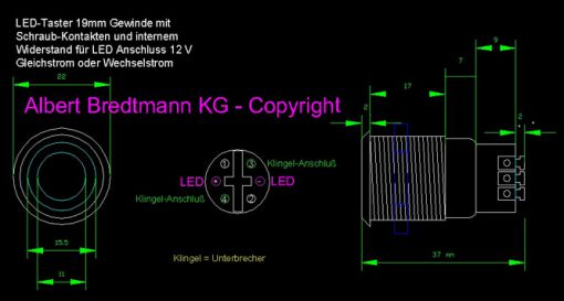 LED Taster grün vandalensicher Edelstahl Ø 19mm IP65